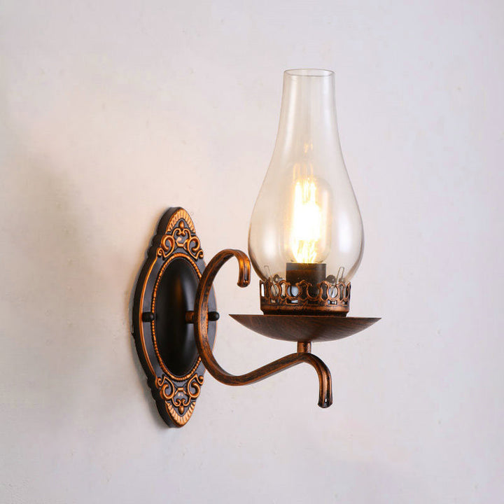 Enarms vegglampe, industriell vegglampe for entreen med parafinskjerm i klart/frostet glass i kobber/bronse