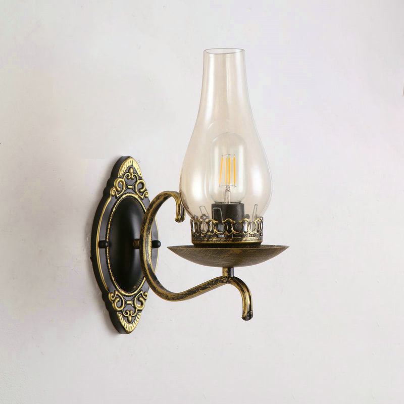 Enarms vegglampe, industriell vegglampe for entreen med parafinskjerm i klart/frostet glass i kobber/bronse