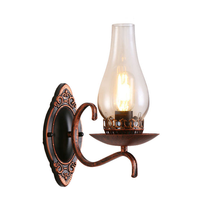 Enarms vegglampe, industriell vegglampe for entreen med parafinskjerm i klart/frostet glass i kobber/bronse