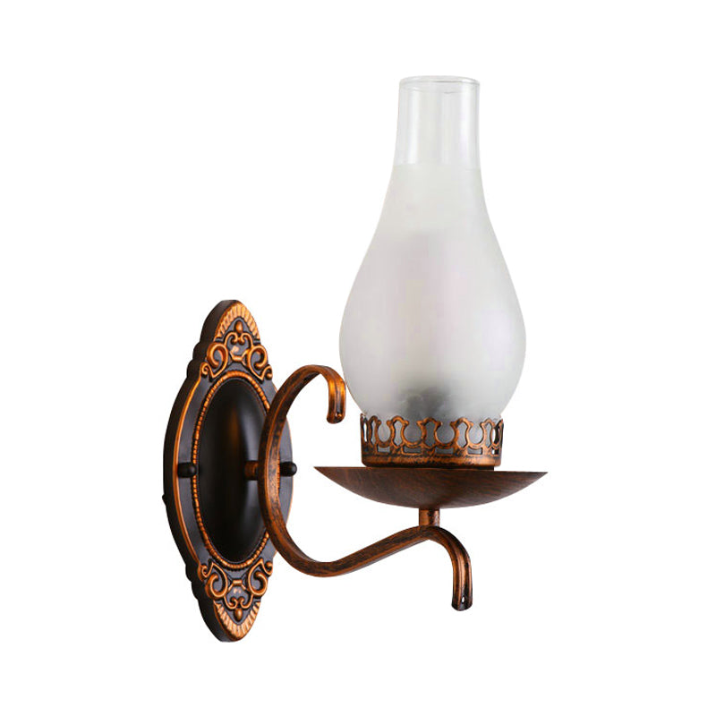 Enarms vegglampe, industriell vegglampe for entreen med parafinskjerm i klart/frostet glass i kobber/bronse