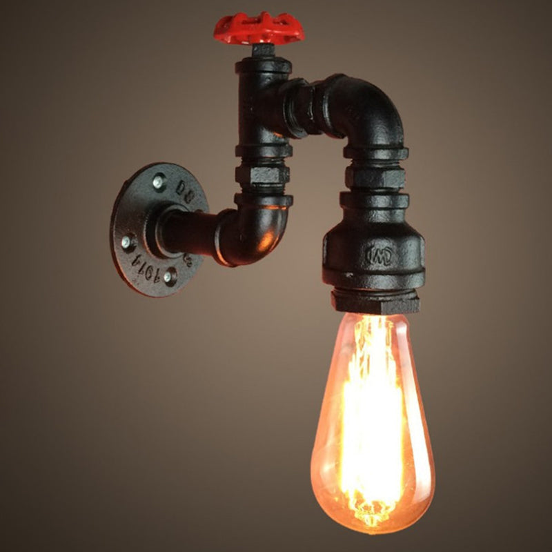 Svart Kran Vegglampe Steampunk Jern 1-Lykt Stue Vegglampe Sett med Rød Ventil | Skanto