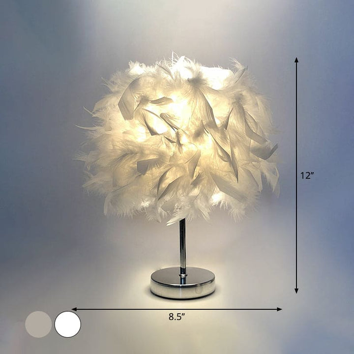 Rund fjærlampe - dekorativ bordlampe for stue, nattbord & batteri, dimbar, trådløs | Skanto