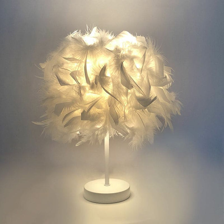 Rund fjærlampe - dekorativ bordlampe for stue, nattbord & batteri, dimbar, trådløs | Skanto