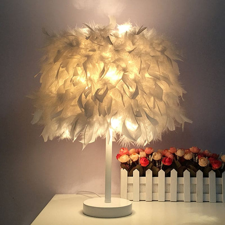 Rund fjærlampe - dekorativ bordlampe for stue, nattbord & batteri, dimbar, trådløs | Skanto