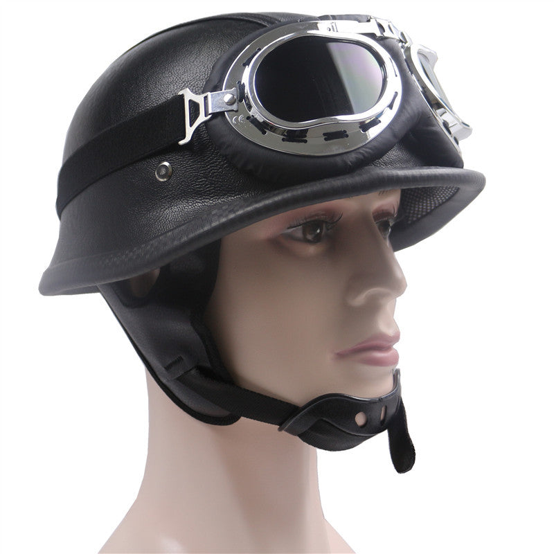 Vintage lærmotorcykelhjelm med kromgoggles Skanto