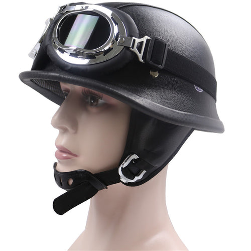Vintage lærmotorcykelhjelm med kromgoggles Skanto