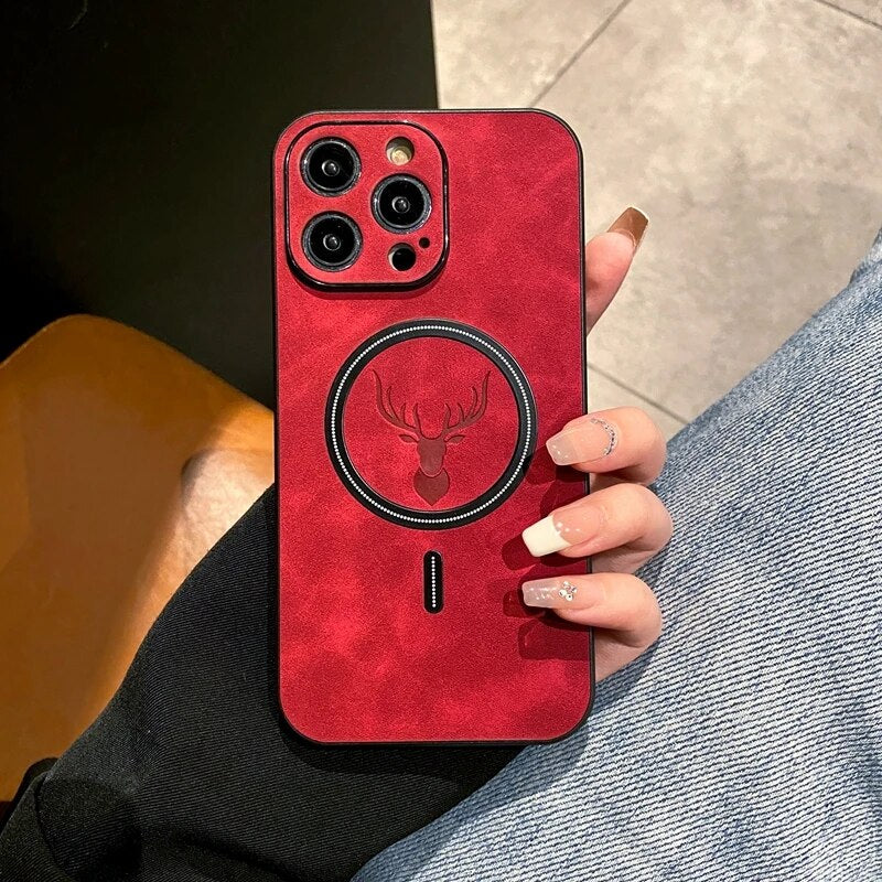 Skanto | Luxury Deer Leather Apple iPhone Case | Magnetisk telefonveske, trådløs veske, MagSafe, trådløs lading, beskyttelsesveske, deksel for iPhone 15, 14, 13 Pro Max Plus