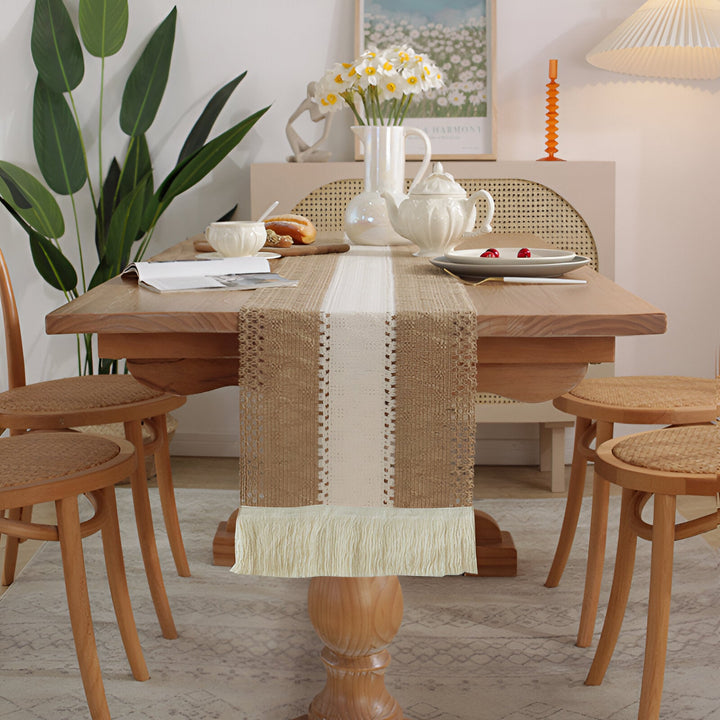 Boho Makrame Bomull Lin Table Runner med Frynser | Skanto