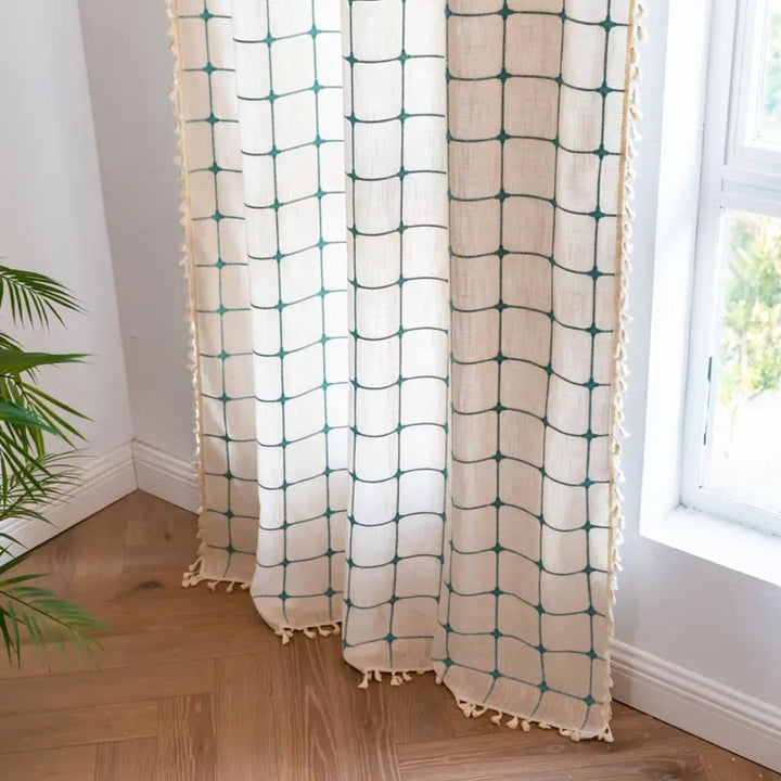 Skanto | Turkis Rutenett Boho Frynse Gardin