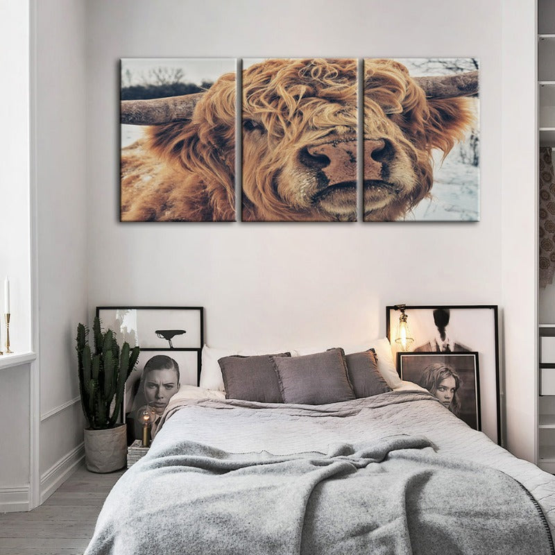 Close Up Brun Kuh-Canvas Veggkunst Maleri 3 Stykker | Skanto