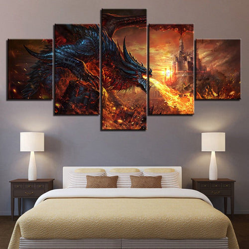 Dragon og slott - 5 deler lerret veggkunst maleri