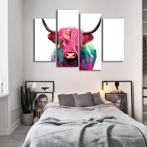 4-Piece Colorful Pink Cow Canvas Wall Art Painting | Skanto