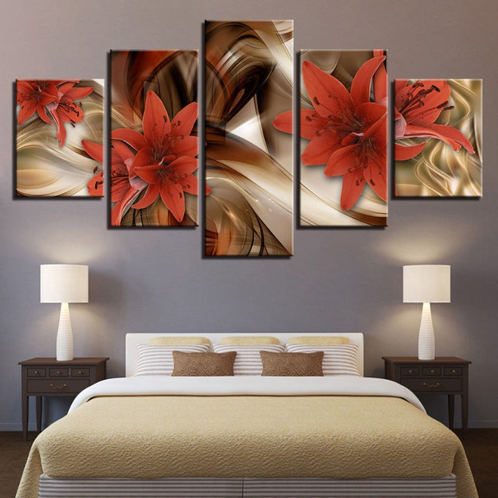 5-Piece Gold Background Red Flower - Canvas Wall Art Painting | Skanto