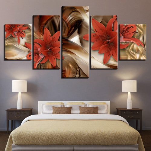 5-Piece Gold Background Red Flower - Canvas Wall Art Painting | Skanto