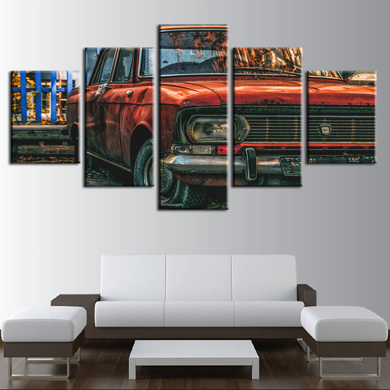 5-Piece Red Dented Vintage Car Canvas Wall Art Painting | Skanto