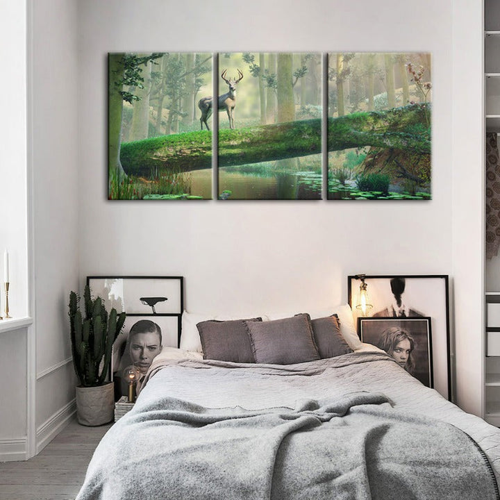 Fortryllende Skog Hjort-Canvas Veggkunst Maleri 3 Deler