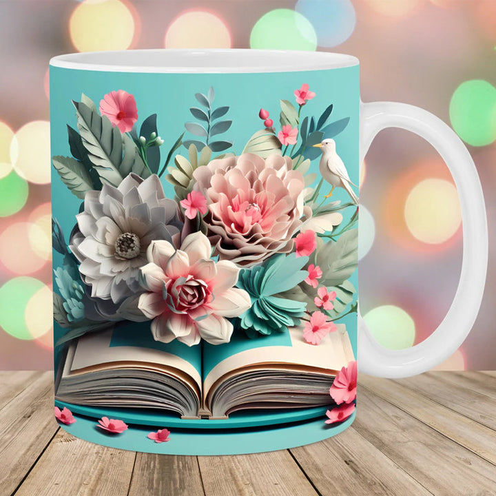 3D Kunstnerisk Vakker Floral Bøker Kaffe Krus - Bokelsker Gave | Skanto