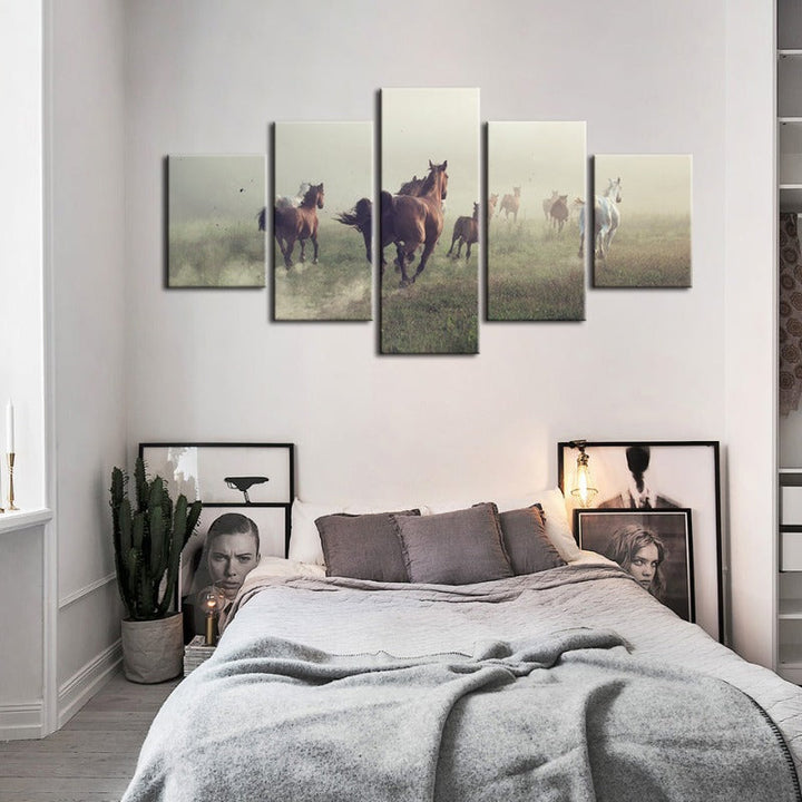 5 Styk Løpende Svart Hingst - Lerret Veggkunst Maleri | Skanto
