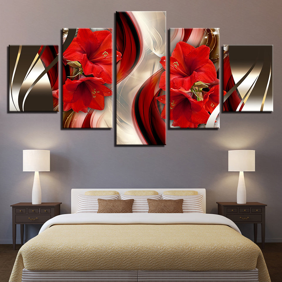 Fantastisk lerretsbilde i 5 deler med rød amaryllis