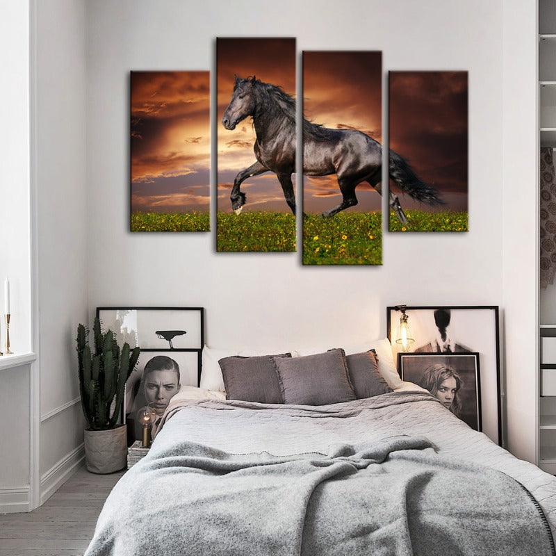 4 Piece Running Black Horse Canvas Wall Art Painting | Skanto