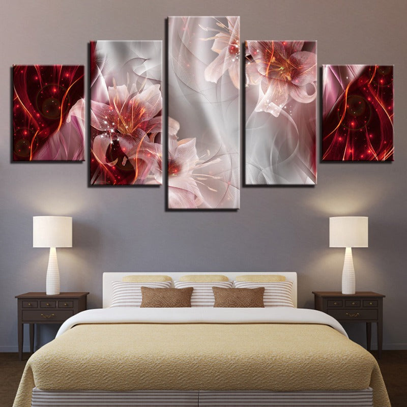 5 Piece Red White Ombre Background Pink Flower - Canvas Wall Art Painting | Skanto