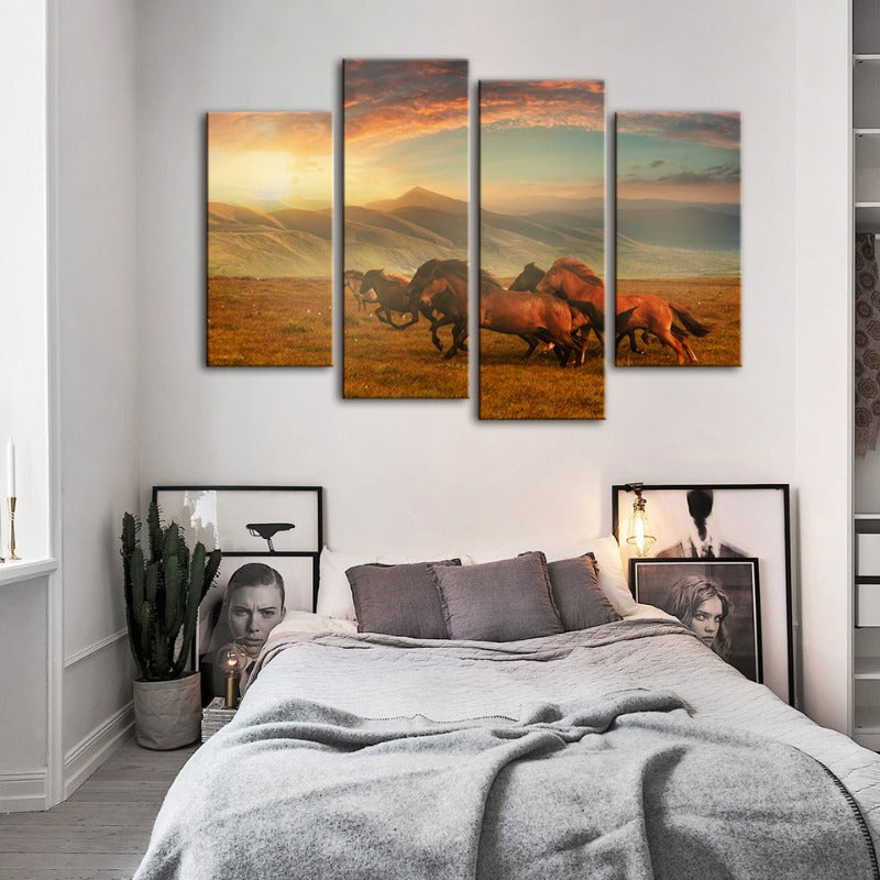 4 Pcs Running Horses with Beautiful Landscape - Canvas Wall Art Painting | Skanto