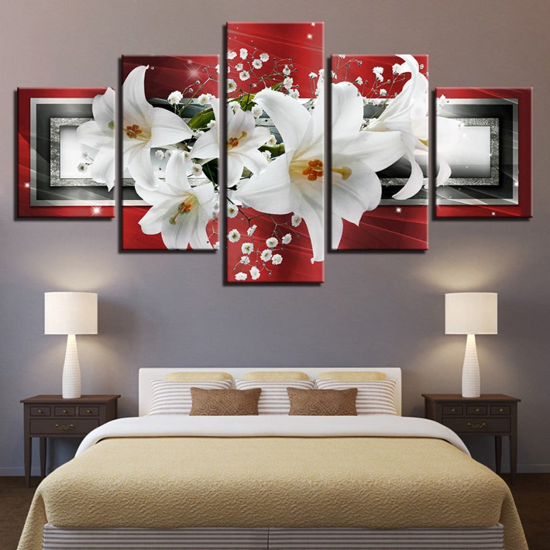 5 Pcs Red Background White Tulip Flowers - Canvas Wall Art Painting | Skanto