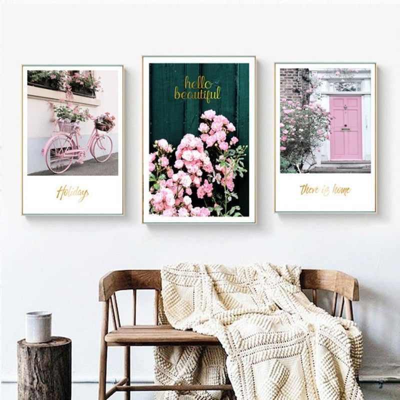 Moderne rosa florale, vakre landlige plakattrykk - lerretsbilder