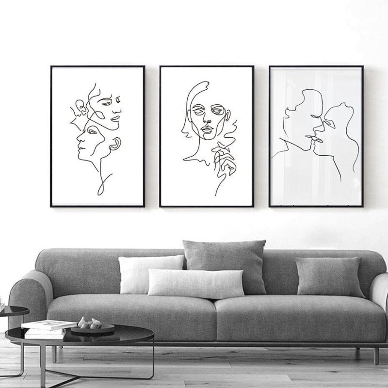 Abstract Love Kiss Black and White Lines Poster - Canvas Wall Art Painting | Skanto