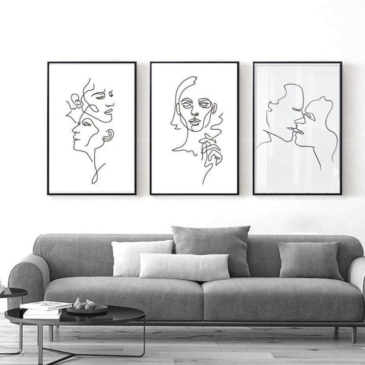 Abstract Love Kiss Black and White Lines Poster - Canvas Wall Art Painting | Skanto