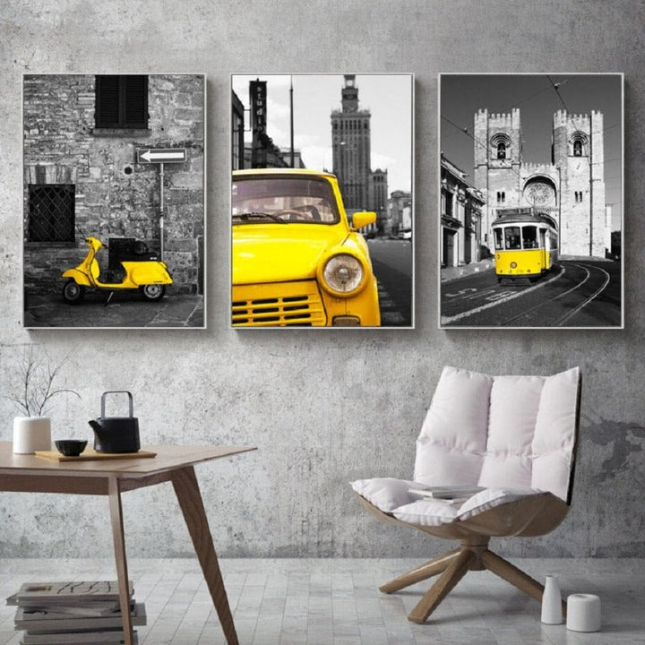 Vintage-scene med gul bybuss – lerretsbilde