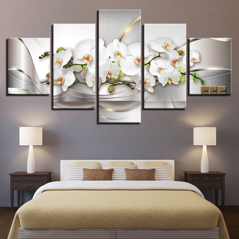 5-delt Golden Hue Hvit Blomster - Lerretsveggkunst Maleri | Skanto