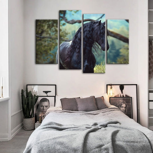 4 Delt K svart Hest i Skogen - Lerret Veggkunst Maleri | Skanto