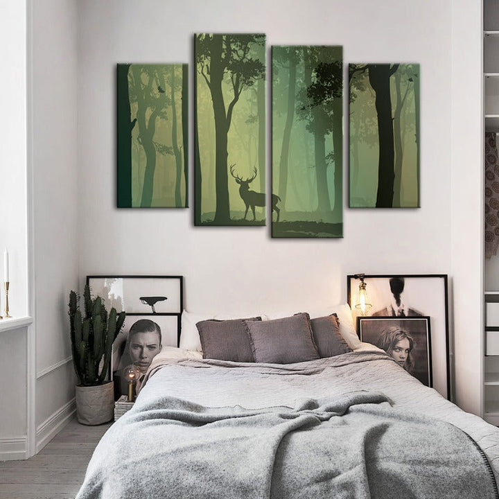 4-Piece Enchanted Green Silhouette Deer - Canvas Wall Art Painting | Skanto