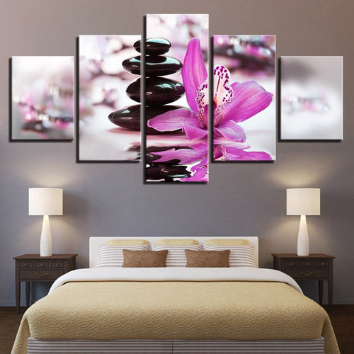 5 Pcs Black Stones with Purple Flower - Canvas Wall Art Painting | Skanto