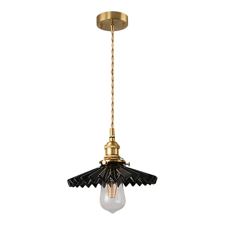 Vintage keramisk pendellampe med plissédesign – messing LED pendellampe for spisestue og stue | Skanto