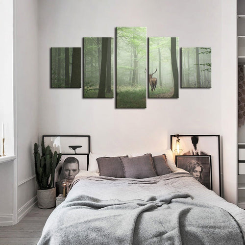 5 Styk Tåke Mystiske Hjort I Skogen - Lerret Veggkunst Maleri | Skanto
