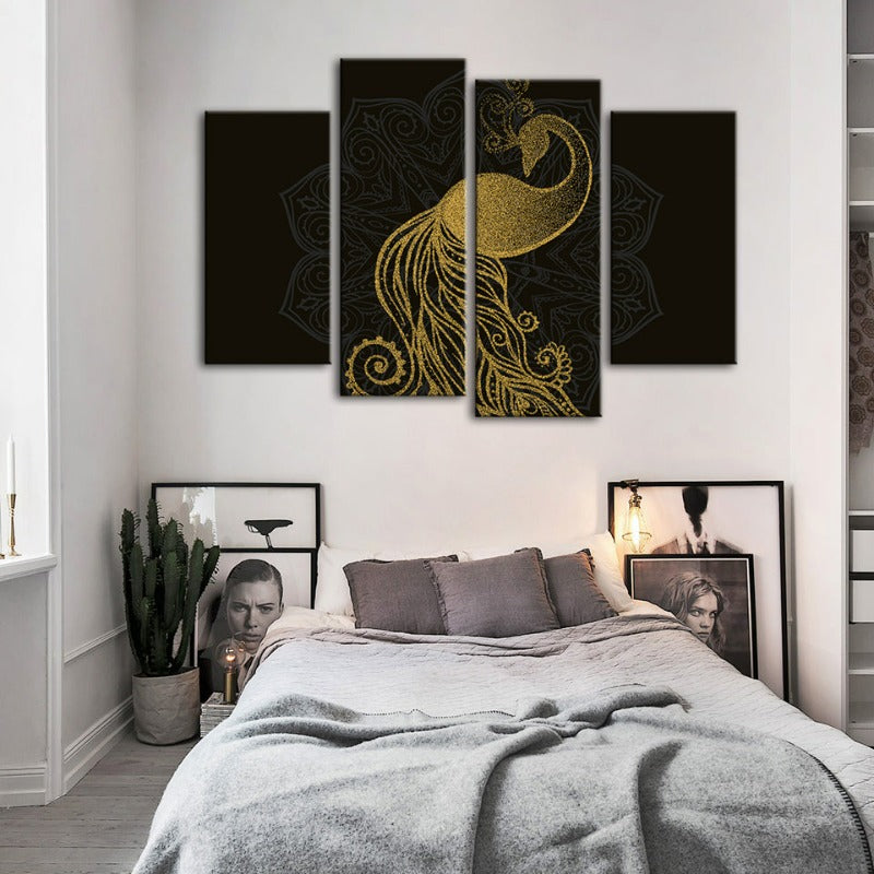 Abstract Golden Peacock Mandala Canvas Wall Art Painting 4 Pieces | Skanto