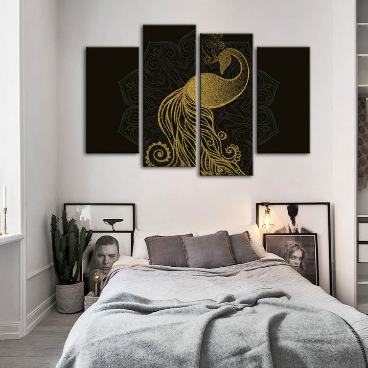 Abstract Golden Peacock Mandala Canvas Wall Art Painting 4 Pieces | Skanto
