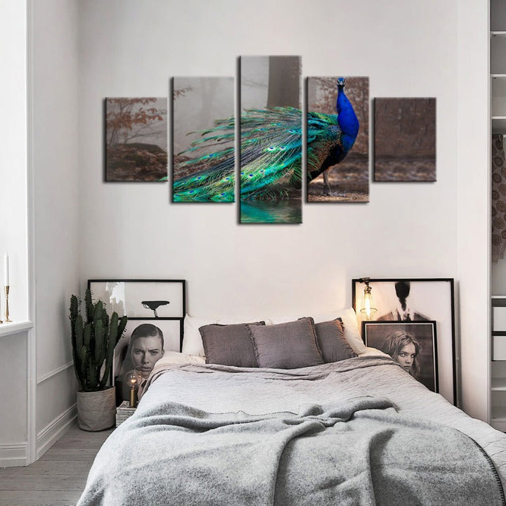 5 Piece Vibrant Peacock by the Pond - Canvas Wall Art Painting | Skanto