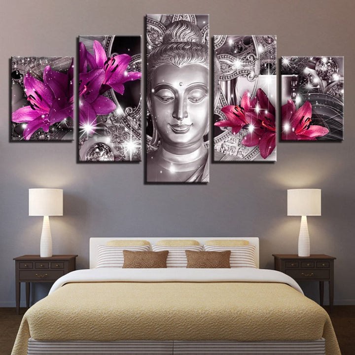 5-delte Buddha med lilla og rosa tulipaner - lerret veggkunst maleri | Skanto