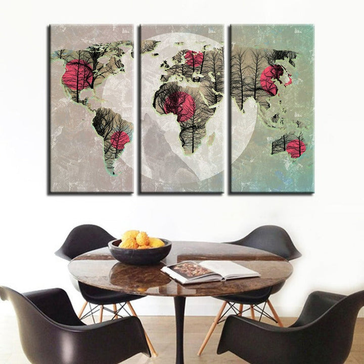 Vakker abstrakt rosa sol-verden-kart-lerret-veggkunstmaleri 3 deler | Skanto