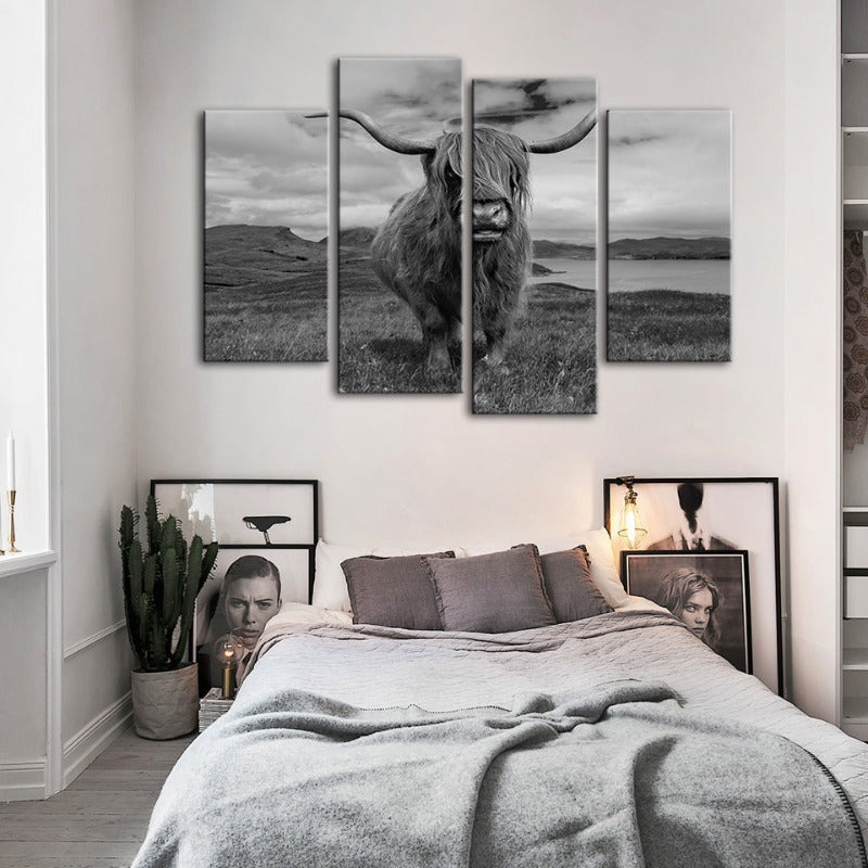 4 Delt Stilig Svart og Hvit Ku - Lerretsveggkunst Maleri | Skanto