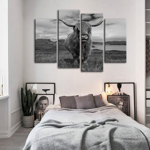 4 Delt Stilig Svart og Hvit Ku - Lerretsveggkunst Maleri | Skanto