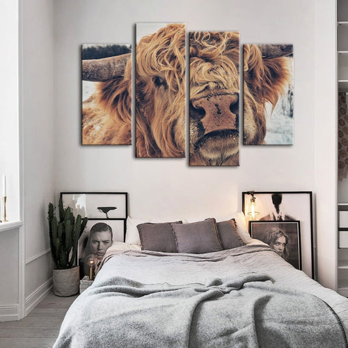 4 Piece Close Up Brown Cow - Canvas Wall Art Painting | Skanto