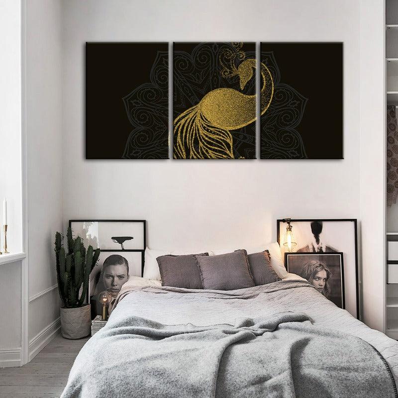 Abstrakt Gyldent Mandala Påfugl - Lerret Veggkunst Maleri 3 Deler | Skanto