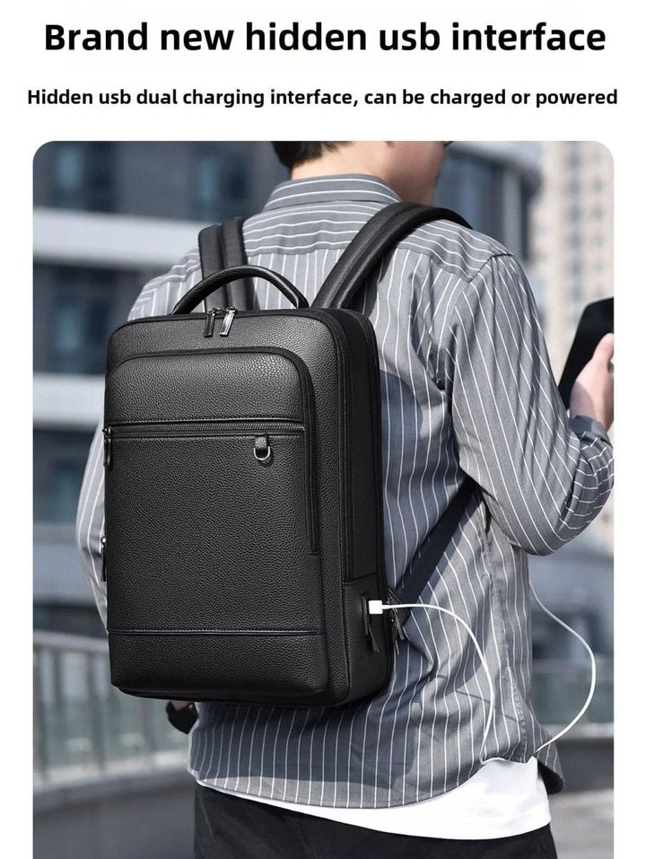 Skanto | Elegant lær ryggsekk for menn/kvinner med USB-port for laptop og hverdagsbruk, 15,6 tommer, svart