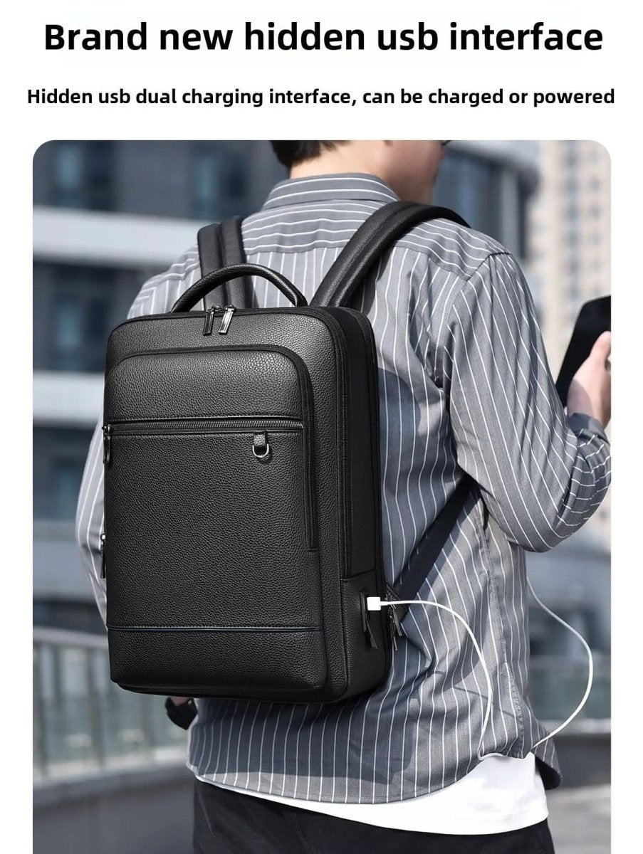 Eleganter Lederrucksack for Damen og Herren med USB-anschluss for laptop og täglichen bruk, 15,6 Zoll, schwarz