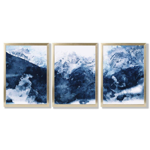 Abstrakte marineblå fjell, sett med 3 innrammede kunsttrykk
