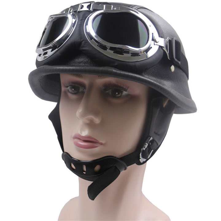 Vintage lærmotorcykelhjelm med kromgoggles Skanto
